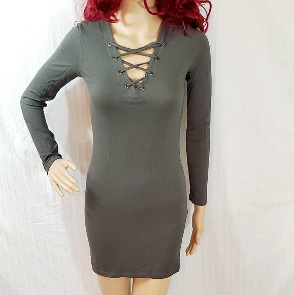 Forever 21 Mini Body Con Dress Green Long Sleeve - Picture 4 of 7